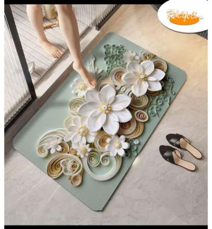 tapis-de-salle-de-bain-/-chambre-3d-antidérapant-–-motif-fleur-en-relief-fond-vert-pastel