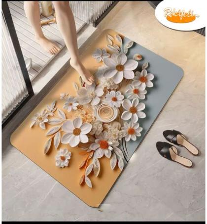 tapis-de-salle-de-bain-/-chambre-3d-antidérapant-–-motif-fleur-en-relief-fond-beige-&-bleu