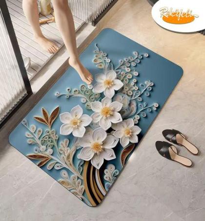 tapis-de-salle-de-bain-/-chambre-3d-antidérapant-–-motif-fleur-en-relief-fond-bleu