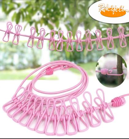 corde-à-linge-coupe-vent-extensible,-rétractable,-antidérapant,-portable-pour-extérieur-ou-intérieur-pour-balcon,-hôtel,-dortoir...avec-12-pinces-robuste---rose