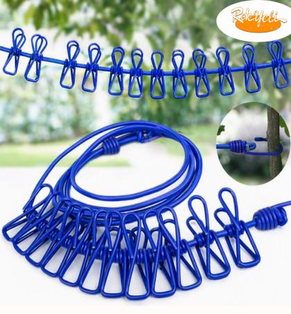 corde-à-linge-coupe-vent-extensible,-rétractable,-antidérapant,-portable-pour-extérieur-ou-intérieur-pour-balcon,-hôtel,-dortoir...avec-12-pinces-robuste---bleu