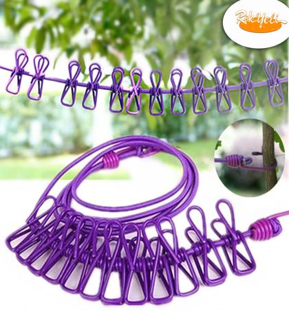 corde-à-linge-coupe-vent-extensible,-rétractable,-antidérapant,-portable-pour-extérieur-ou-intérieur-pour-balcon,-hôtel,-dortoir...avec-12-pinces-robuste---violet